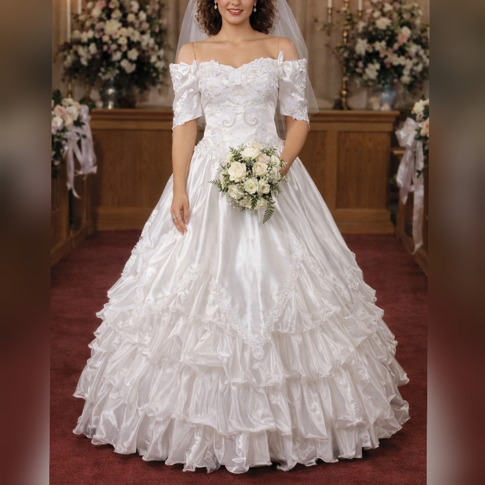 Mary's Import Bridals Vintage 80s White Organza Beaded Quince Wedding Dress 16